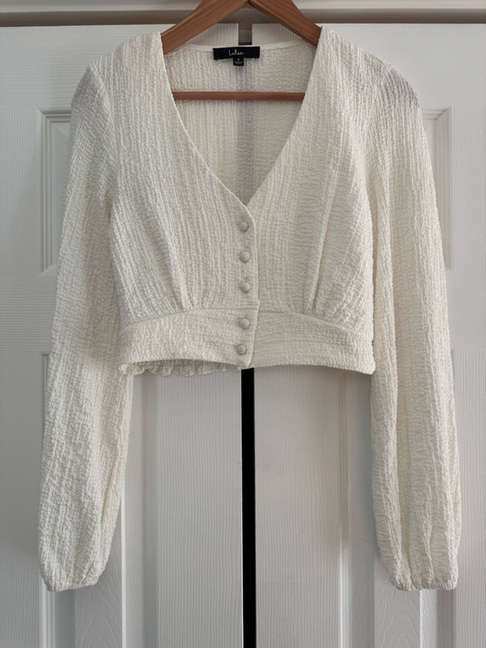 Lulu's Ivory Textured V-Neck Cropped Button Top
